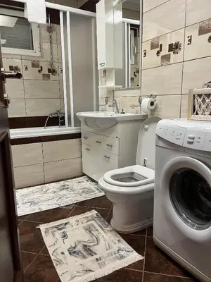 a bathroom with a washing machine and a toilet at Apartman Nina in Kotor