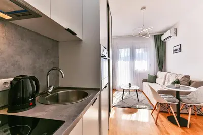 a kitchen with a sink and a living room with a couch at Sonja Apartment in Budva