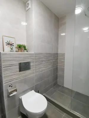 a bathroom with a toilet and a shower at Cozy One-Bedroom Apartment at Ljubovic Park in Podgorica