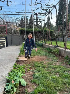 a young boy swinging on a swing in a garden at Gorica hill apartment in Podgorica
