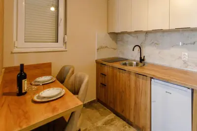 a kitchen with a table with a bottle of wine and a sink at Apartments Posejdon Lux in Utjeha