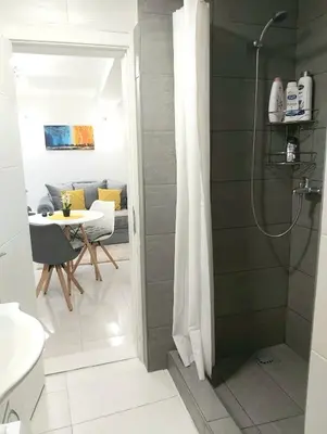 a bathroom with a shower and a dining room at Apartment Marina in Kotor