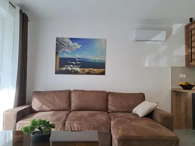 a living room with a brown couch and a painting on the wall at Paun apartment in Kotor