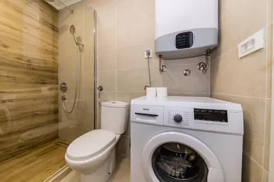 a bathroom with a washing machine and a toilet at Paun apartment in Kotor