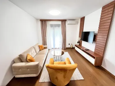 a living room with a couch and a tv at Apartments Tulip Podgorica in Podgorica