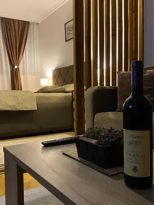 a bottle of wine sitting on a table with a plant at Delta Apartman in Podgorica