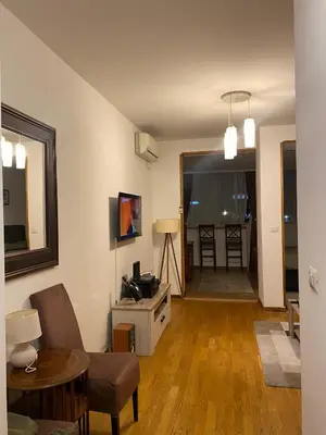 a living room with a couch and a table at Delta Apartman in Podgorica