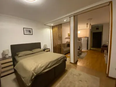 a bedroom with a bed and a living room at Delta Apartman in Podgorica