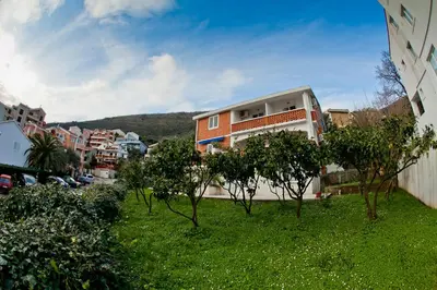 a group of trees in front of a building at Apartments Mandarina Garden in Petrovac na Moru