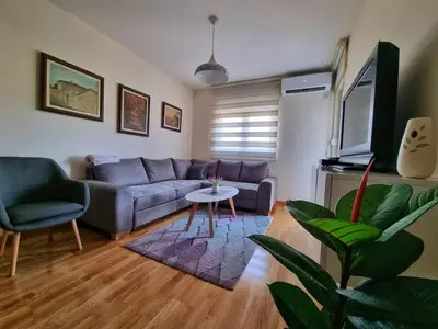 a living room with a couch and a table at Riverside Apartment in Podgorica