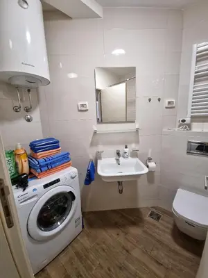 a bathroom with a washing machine and a sink at Riverside Apartment in Podgorica