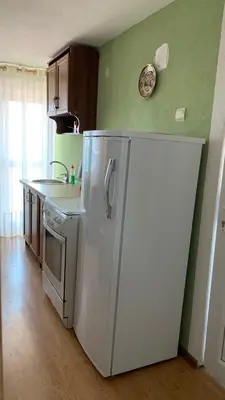 a kitchen with a white refrigerator and a sink at Apartmani Green Olive in Bar, Susanj