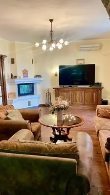a living room with couches and a table and a tv at Villa Green Olive Bar in Bar, Susanj