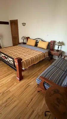 a bedroom with a large bed and a wooden floor at Villa Green Olive Bar in Bar, Susanj