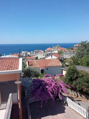 a balcony with purple flowers and a view of the ocean at Apartman Elena in Ulcinj