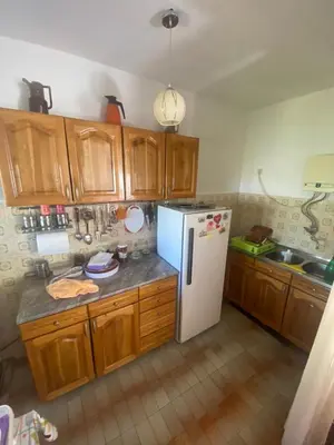 a kitchen with wooden cabinets and a white refrigerator at Apartman Elena in Ulcinj