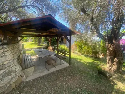 a picnic shelter with a picnic table under a tree at Apartman Elena in Ulcinj