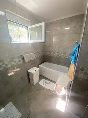 a bathroom with a shower and a tub and a toilet at Apartman Elena in Ulcinj