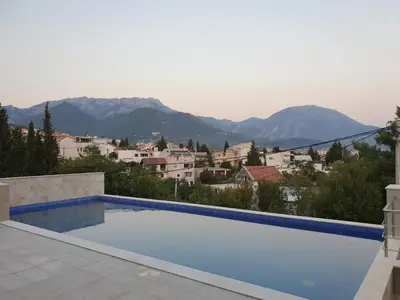 a swimming pool with a view of the mountains at Vila Federica in Bar
