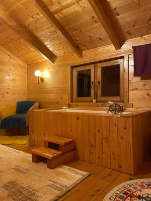 a room with a tub in a log cabin at Peaceful Oasis in Ulcinj