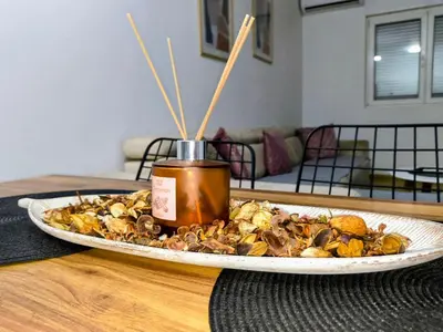 a plate of food on a table with a candle at Podgorica apartman in Podgorica