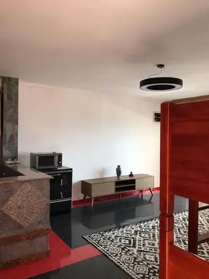a living room with a couch and a microwave at Apartmani Ličina in Becici
