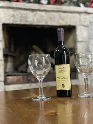 a bottle of wine sitting on a table with two wine glasses at Cosy Cottage with Private Pool - Andrej in Danilovgrad