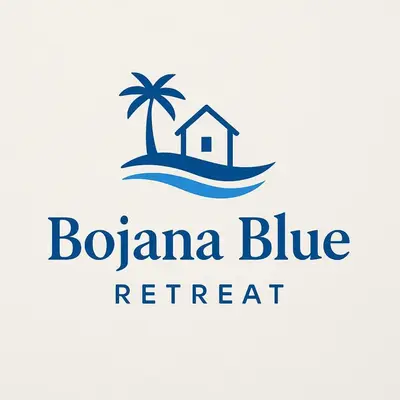 a logo for a resort with a house and a palm tree at Bojana Blue Retreat in Ulcinj