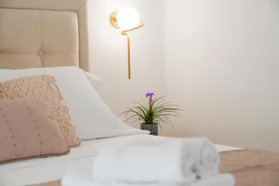 a bedroom with a bed with a lamp and a plant at Mar nero Apartments in Bregvija