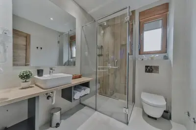 a bathroom with a shower and a toilet and a sink at Hotel Vladimir in Budva