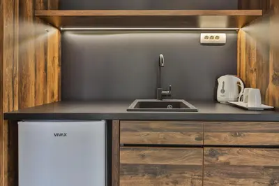 a kitchen with a sink and a dishwasher at Hotel Vladimir in Budva
