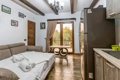 a living room with a bed and a kitchen at Lotos Luxury House - Skadar Lake in Virpazar
