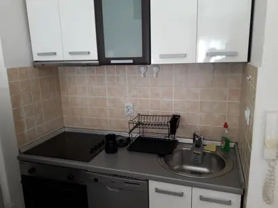 a kitchen counter top with a sink and a sink at Flat Iva in Podgorica
