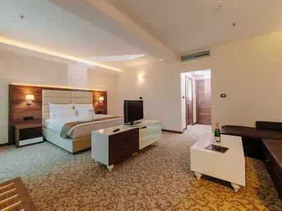 a hotel room with a bed and a couch at Hotel New Star in Podgorica
