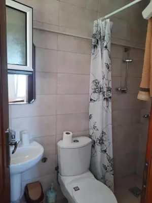 a bathroom with a toilet and a shower curtain at Милый гостевой апартамент in Bar