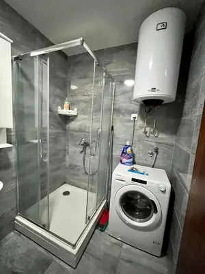 a shower and a washing machine in a bathroom at Z apartment in Podgorica
