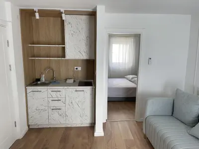 a kitchen with a sink and a living room with a couch at Lungomare Apartments in Petrovac na Moru