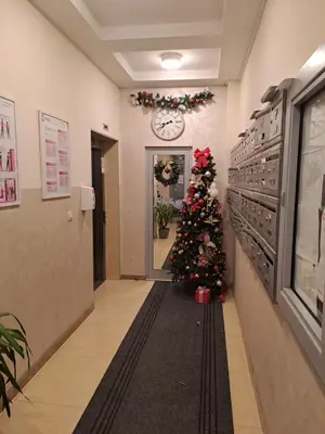 a hallway with a christmas tree and a clock at Apartman City kvart in Podgorica