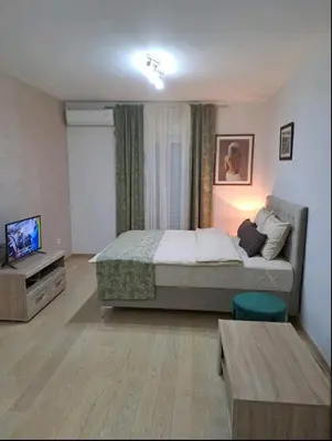 a bedroom with a bed and a television in it at Apartman City kvart in Podgorica