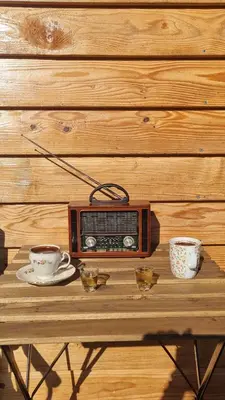 an old radio sitting on a table with two cups at Private Camp - Wolf & Sheep - 4 bungalows- 8 person in Podgorica