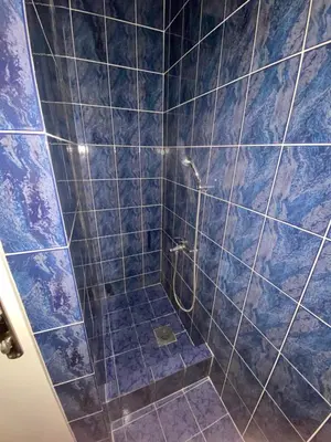 a bathroom with a shower with blue tiles at Apartments Popović in Budva
