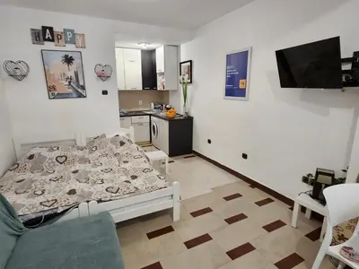 a small room with a bed and a kitchen at Seaview, just across the beach, Bečići in Becici