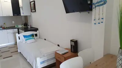 a small room with a small bed and a kitchen at Seaview, just across the beach, Bečići in Becici