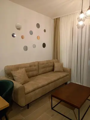 a living room with a brown couch and a table at Solaris Apartments in Budva