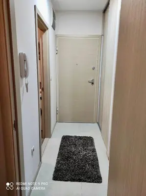 a hallway with a door and a black rug at Apartment City Kvart Podgorica in Podgorica