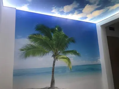 a palm tree mural on a wall in a room at Mini Candy central location Bečići in Becici