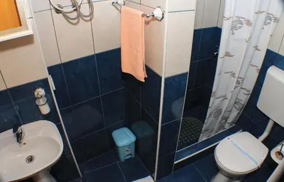a bathroom with a shower and a toilet and a sink at Apartments Popovic in Kotor