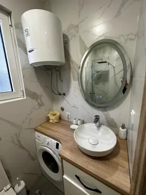 a bathroom with a sink and a mirror and a washing machine at Apartment Aki in Kotor