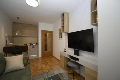 a living room with a flat screen tv on a wall at Studio apartment Art Zone in Podgorica