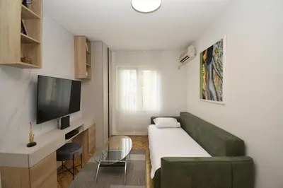 a living room with a green couch and a tv at Studio apartment Art Zone in Podgorica